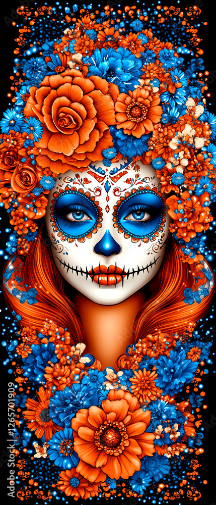 Naklejka premium A woman with a blue and orange face and flowers surrounding her head. The flowers are orange and blue, and they give the impression of a festive and colorful celebration