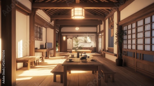 Tranquil traditional japanese interior showcases warm wood tones and soft light