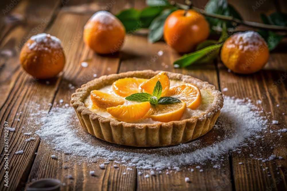 Delicious Tangerine Tart with Powdered Sugar on Rustic Wood Table - Stock Photo