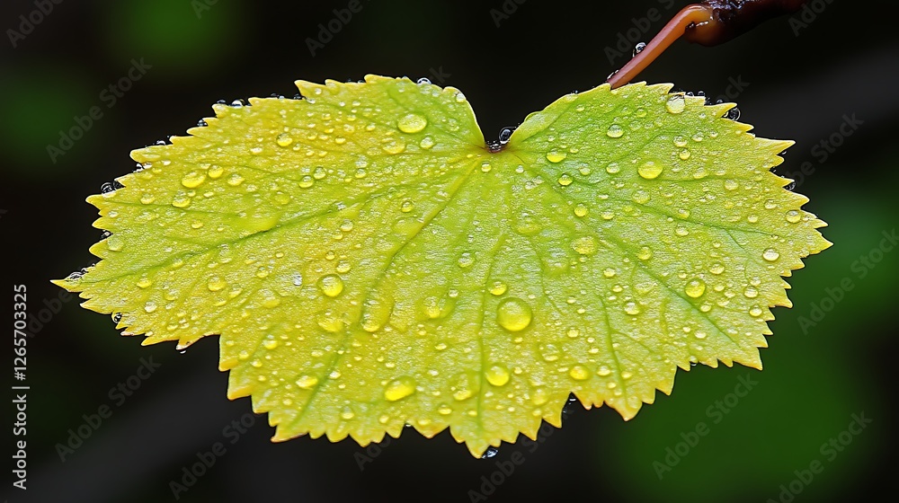 A single dew covered leaf displays vibrant green hues A single dew covered leaf displays vibrant green hues