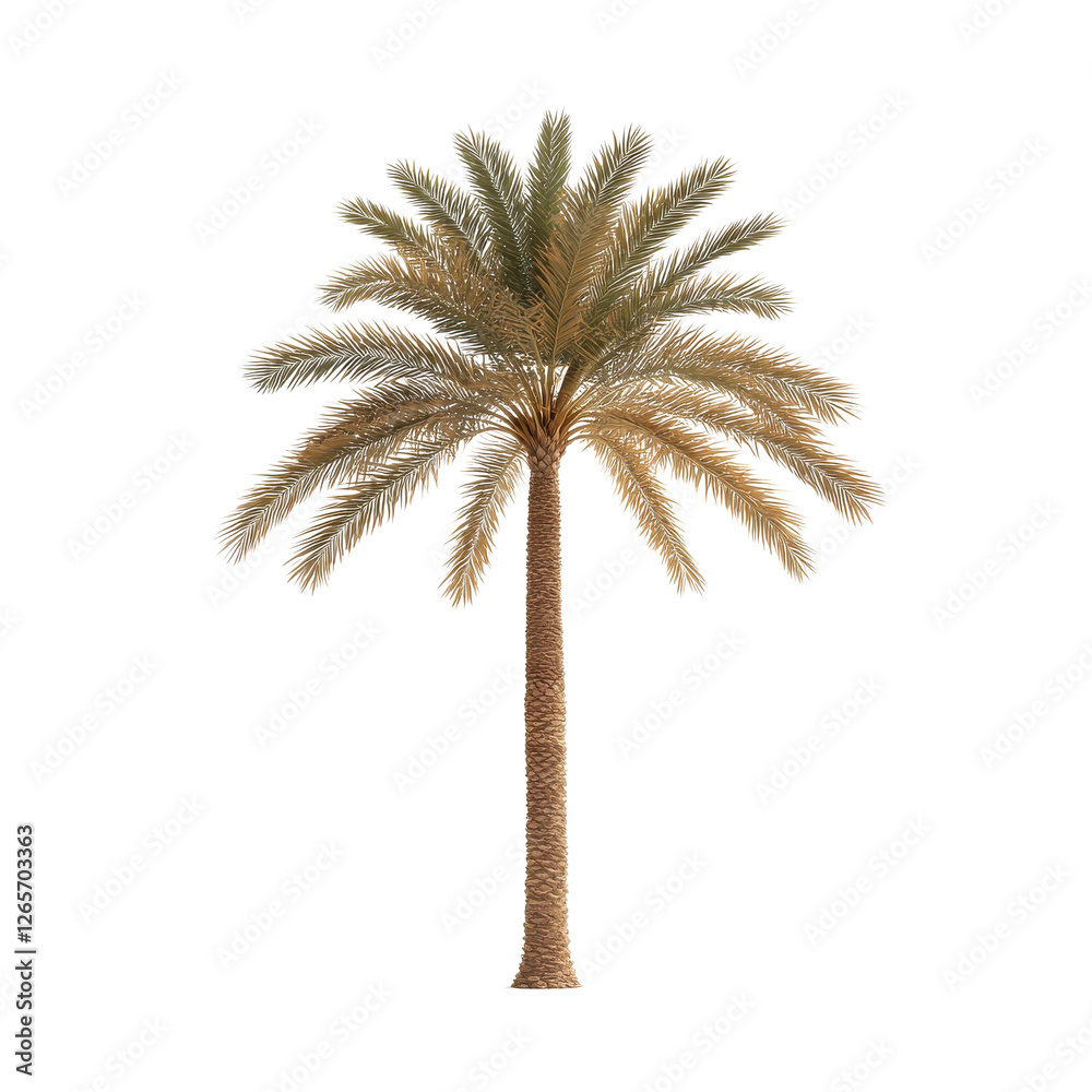 Obraz premium Tall palm tree with lush green leaves on a white isolated background.