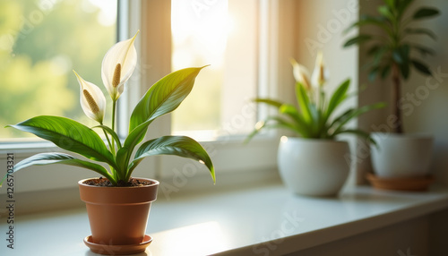 Wallpaper Mural Blooming peace lily on sunlit windowsill, tranquility and peace Torontodigital.ca