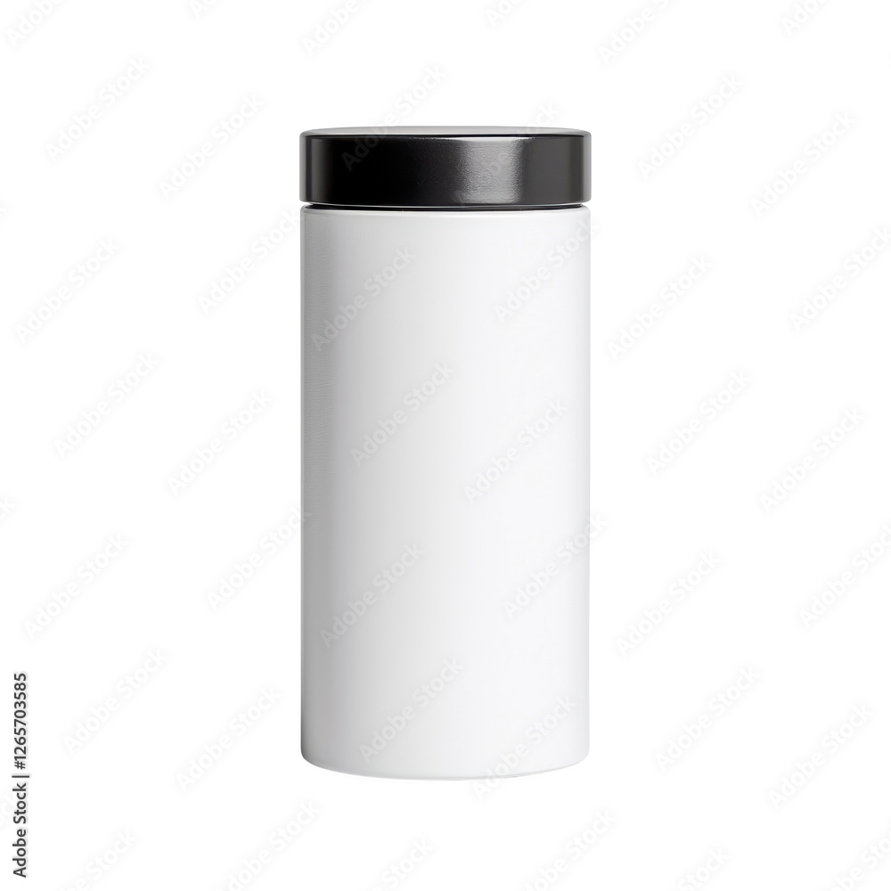 White cylindrical container with a black lid, isolated on a white background. White cylindrical container with a black lid, isolated on a white background.