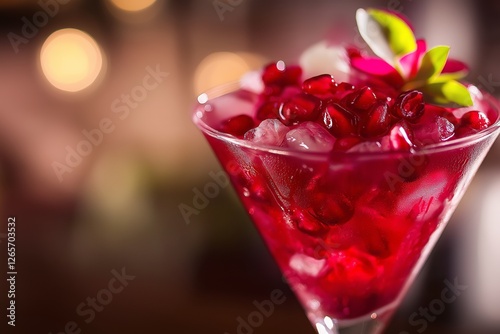 Vibrant cocktail featuring unsweetened pomegranate juice topped with fresh pomegranate seeds, ideal for sugar-free diet drinks. Concept embraces refreshment through unsweetened pomegranate juice photo