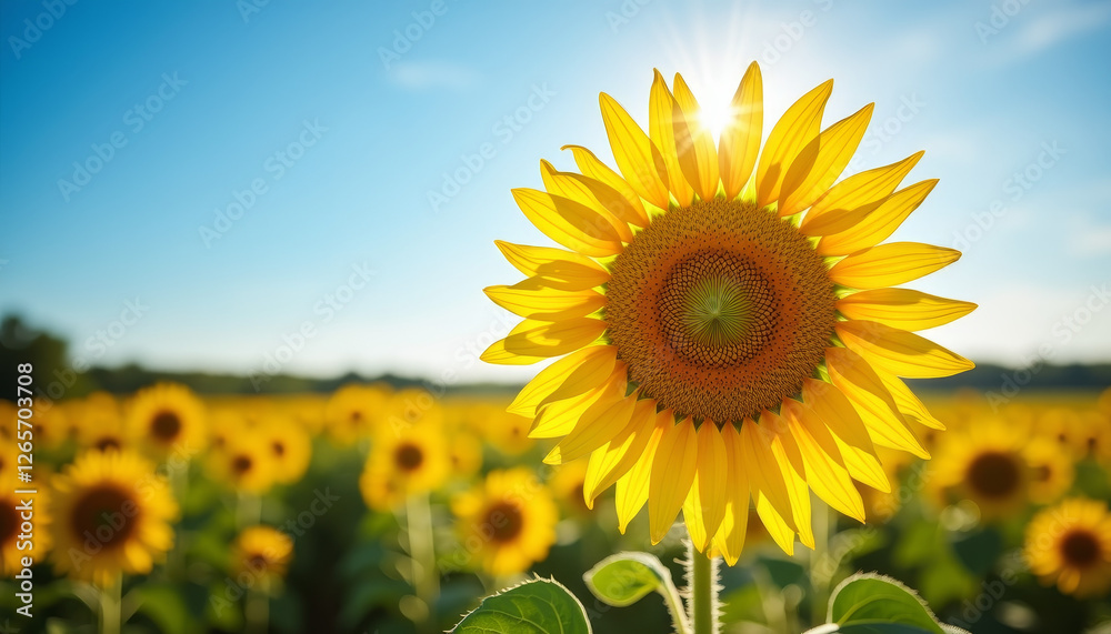 Fototapeta premium Sunflower standing tall in field under blue sky, symbol of peace