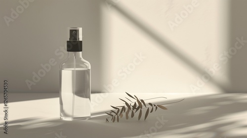 A clear glass spray bottle with a fine mist nozzle, filled with a natural room spray. The label is minimalistic and elegant.
