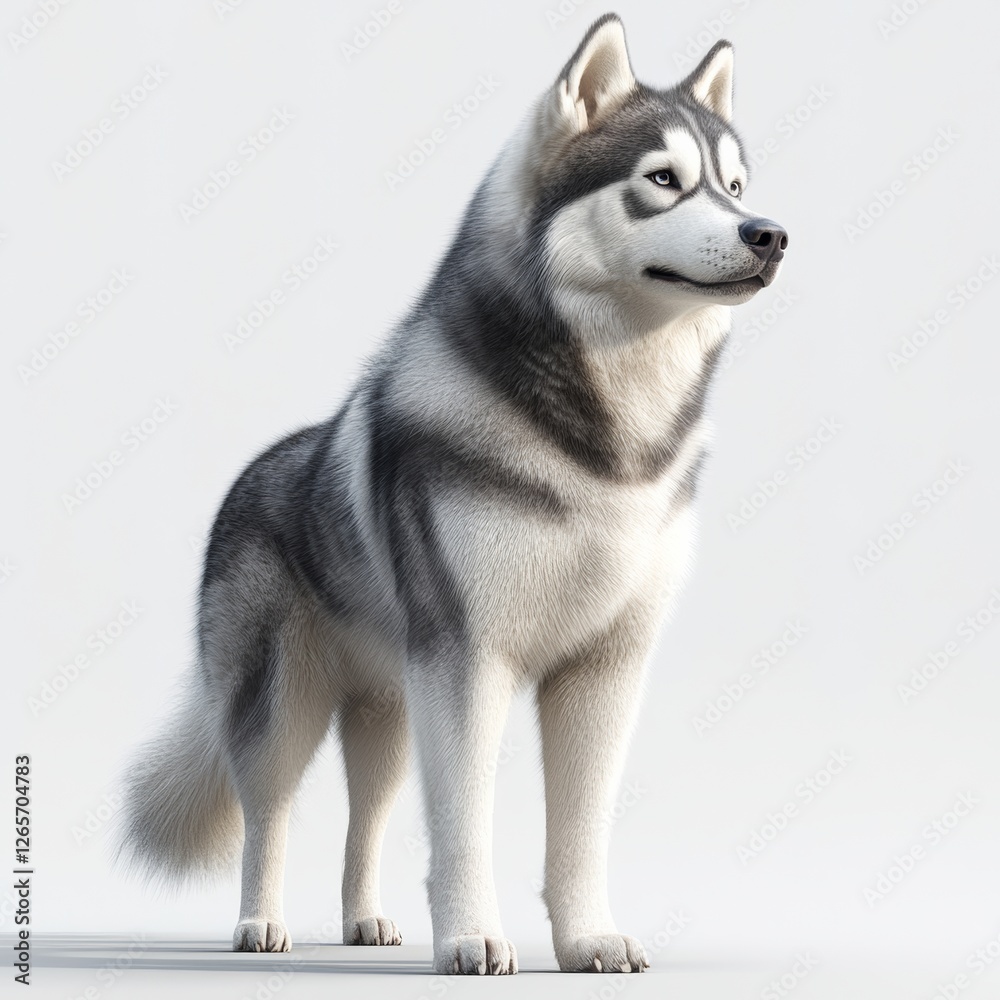 Fototapeta premium 3D Alaskan Malamute Dog in Alert Stance with Focused Eyes