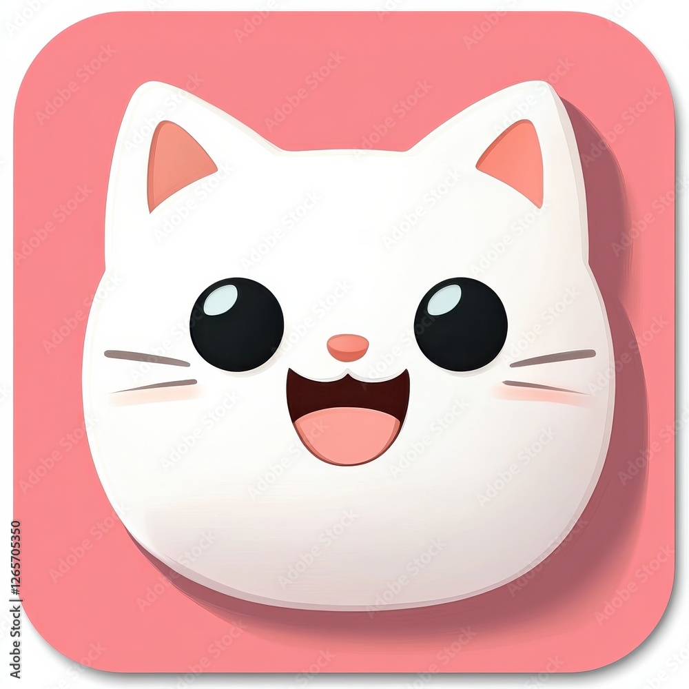 A cute, cartoonish white cat face with big eyes and a happy expression on a pink background, ideal for playful themes.