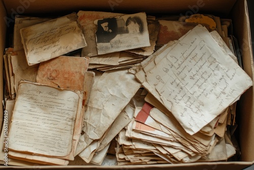Old letters and photographs stored in a box, preserving memories from the past, showcasing personal histories and moments