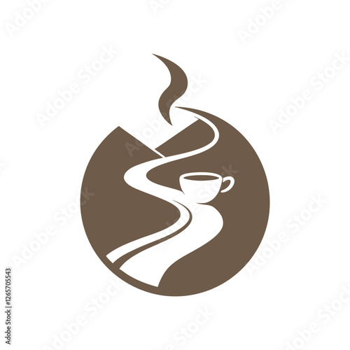  A modern logo featuring a coffee cup that integrates a winding road leading into a distant mountain