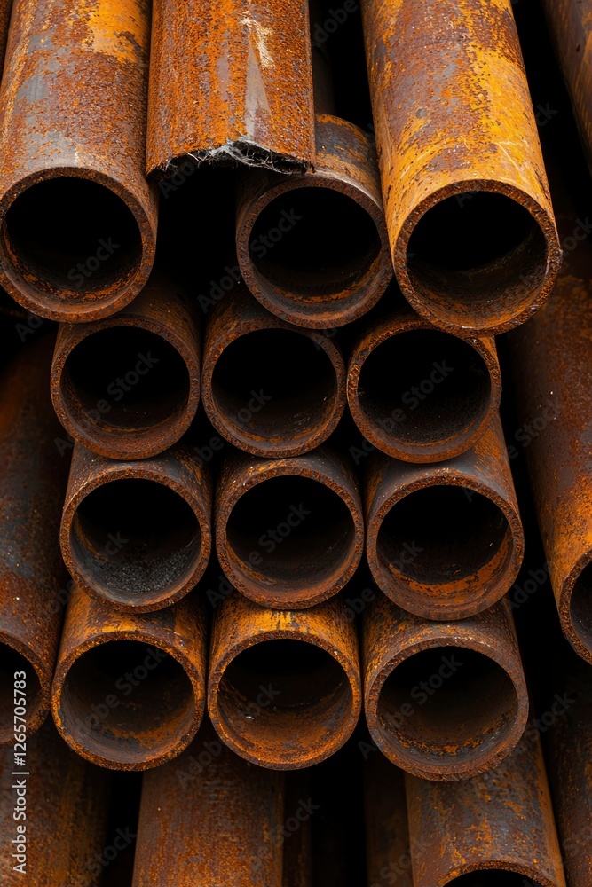 Stacked rusty metal pipes, corrosion process in outdoor industrial setting Stacked rusty metal pipes, corrosion process in outdoor industrial setting