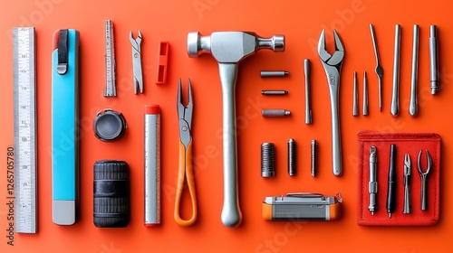 Assorted tools arranged on an orange background, showcasing precision and functionality photo
