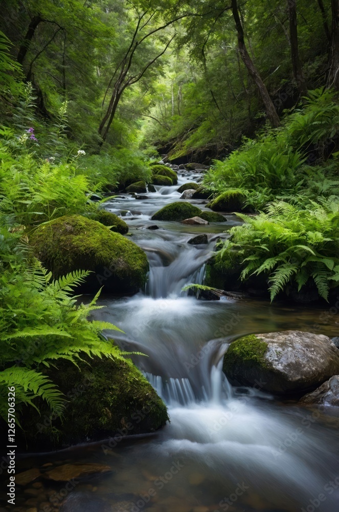 A serene forest stream flows through lush greenery, creating a tranquil natural scene. A serene forest stream flows through lush greenery, creating a tranquil natural scene.