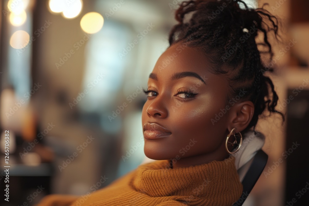 Obraz premium Woman with stylish hair and glowing skin at a salon as she prepares for a special event during late afternoon