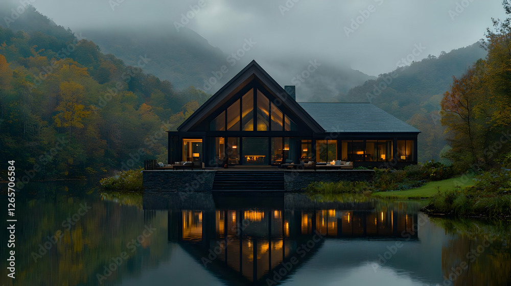 Fototapeta premium Modern mountain lake house, autumn evening, tranquil reflection