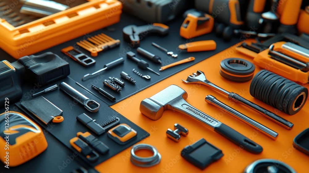 Fototapeta premium Assorted tools on orange and dark gray surface, workshop background. Possible use Product catalog, design inspiration