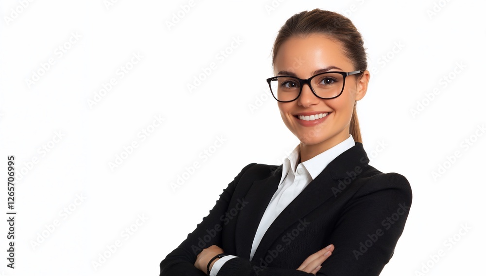 Businesswoman in jacket and glasses smiles with arms crossed against white background Businesswoman in jacket and glasses smiles with arms crossed against white background