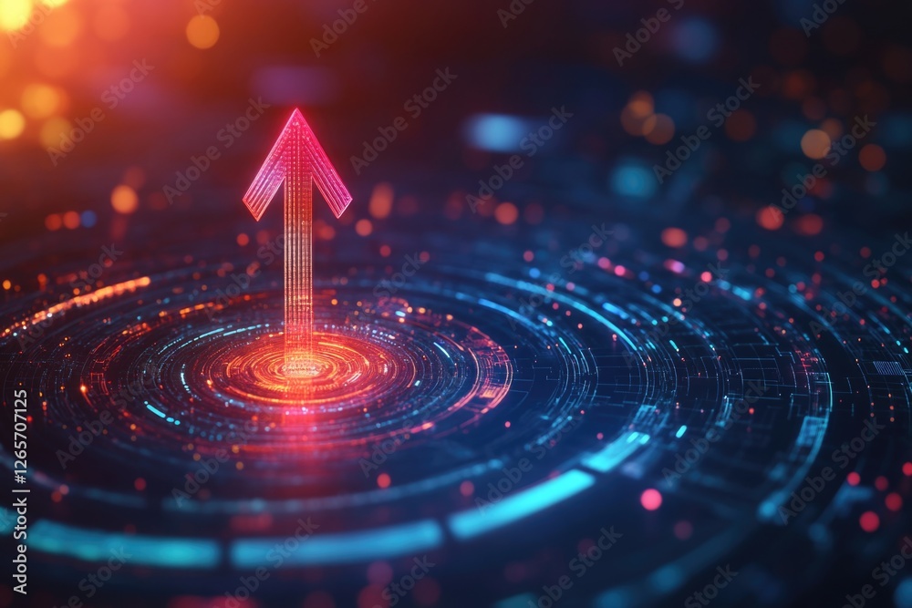 A bright red arrow pointing direction on a blue and pink gradient background A bright red arrow pointing direction on a blue and pink gradient background