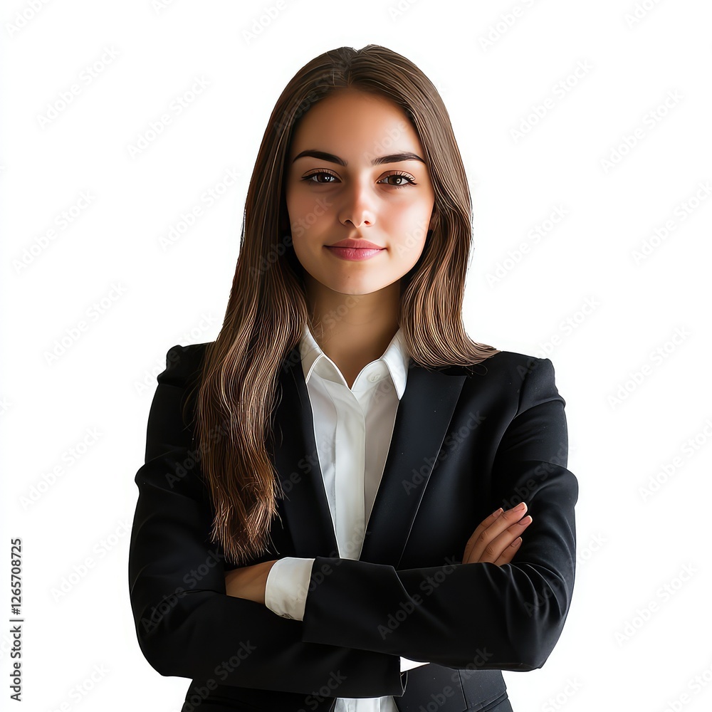 Confident Young Businesswoman in a Black Suit with White Shirt and Tie, Professional Portrait Confident Young Businesswoman in a Black Suit with White Shirt and Tie, Professional Portrait