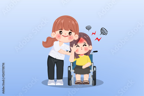 Cute cartoon woman sits in her wheelchair, her face etched with the pain of a headache. A compassionate nurse stands attentively by side.