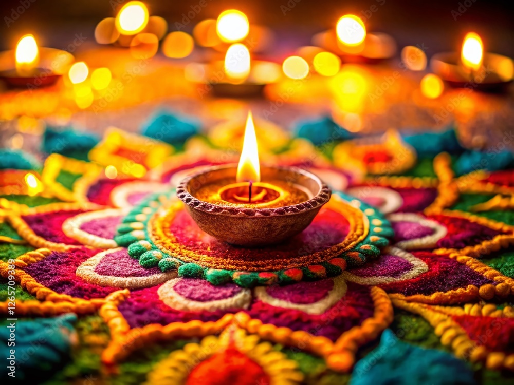 Diwali Rangoli with Clay Lamp, Low Light Festive Photography, India Diwali Rangoli with Clay Lamp, Low Light Festive Photography, India
