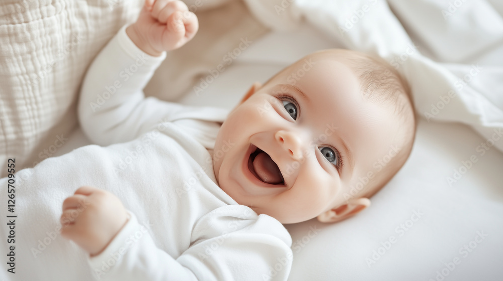 A heartwarming image of a newborn baby girl giggling while lying on her back, with sparkling blue eyes that show pure delight. The soft textures of the bed and the calming atmosphe A heartwarming image of a newborn baby girl giggling while lying on her back, with sparkling blue eyes that show pure delight. The soft textures of the bed and the calming atmosphe