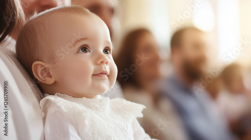A sweet baby girl in an elegant baptism gown, peacefully lying in the arms of her godparents during the baptism. The scene is filled with reverence, capturing the innocence and spi