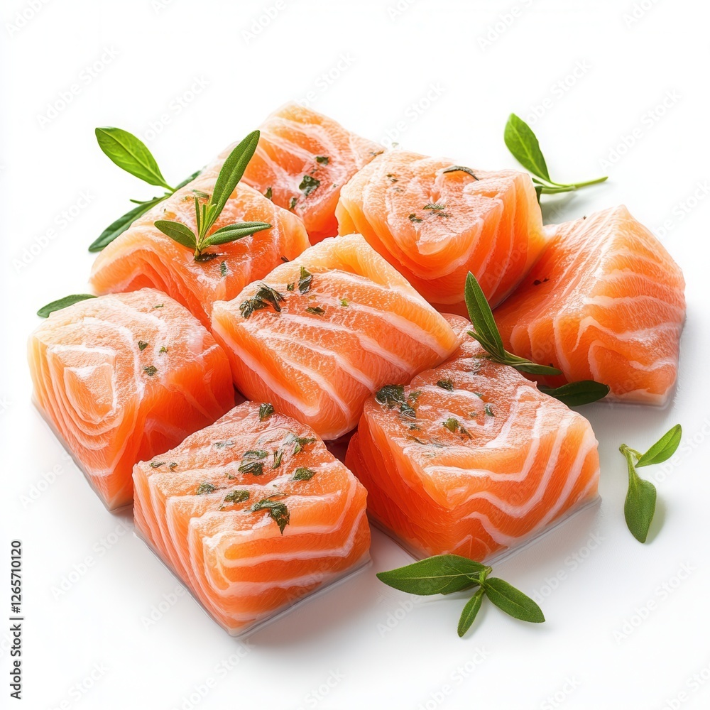 Fresh raw salmon pieces on a white background, a perfect ingredient for sushi, sashimi, and seafood dishes.
Fresh raw salmon pieces on a white background, a perfect ingredient for sushi, sashimi, and seafood dishes.