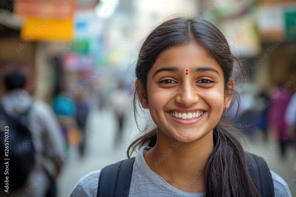 A young woman smiling and wearing a backpack, ready for adventure or travel A young woman smiling and wearing a backpack, ready for adventure or travel