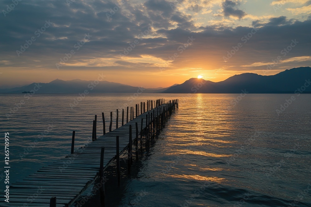 Fototapeta premium A peaceful sunrise over the ocean with a wooden pier stretching into the horizon