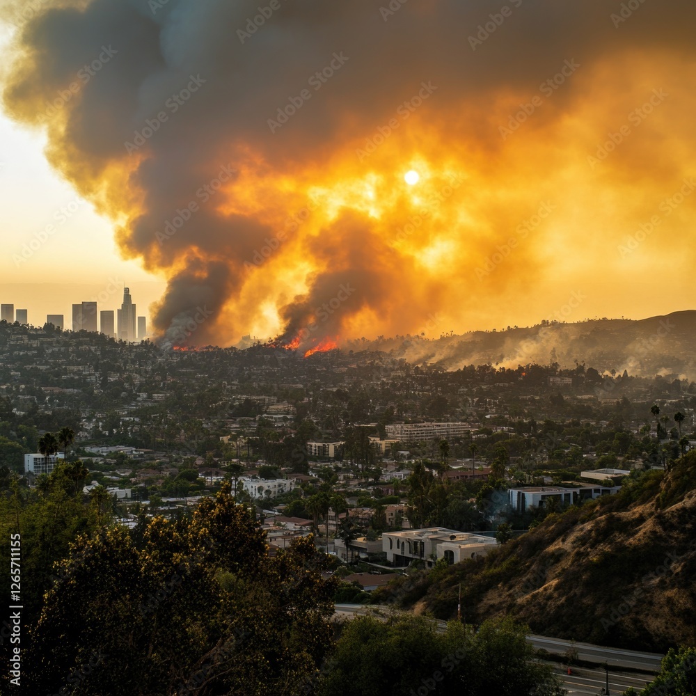A large plume of smoke rises over a city, with a cityscape visible in the background A large plume of smoke rises over a city, with a cityscape visible in the background
