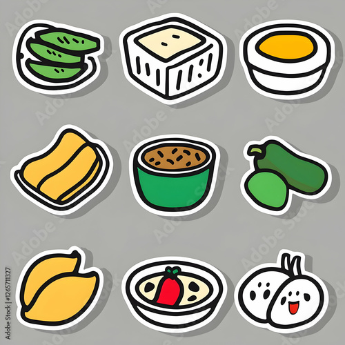 Cartoon food icons collection, assorted dishes, kitchen items, illustration photo