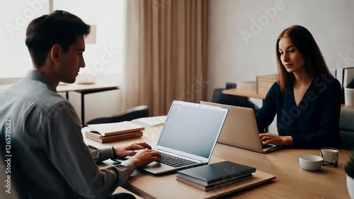A person sits at a desk, typing on a sleek laptop, while another person observes from across the table.