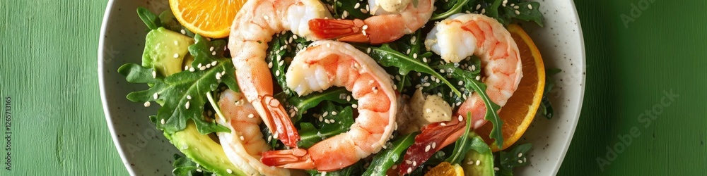 Fresh seafood meal prepared with colorful vegetables, served on a clean white plate Fresh seafood meal prepared with colorful vegetables, served on a clean white plate