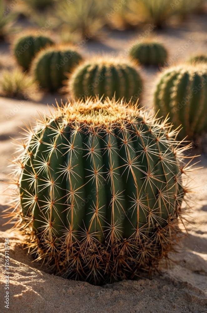 A close-up of a round cactus with prominent spines in a sandy desert landscape. A close-up of a round cactus with prominent spines in a sandy desert landscape.