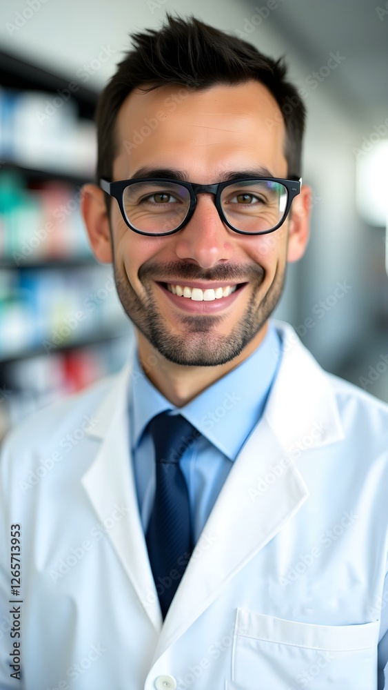 Fototapeta premium Smiling male pharmacist in white coat standing in a pharmacy