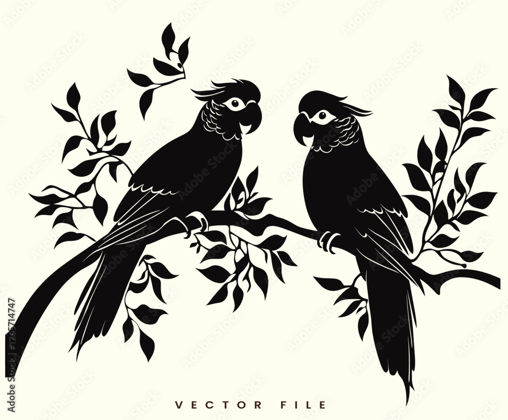 Fototapeta premium Editable Vector of Couple Parrot Bird on A Branch Silhouette