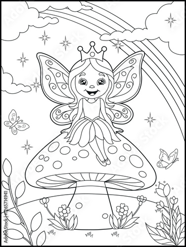 Black and white fairy coloring pages for kids. Children's coloring books with cute cartoon fairy characters, fun and educational materials for kindergarten.
