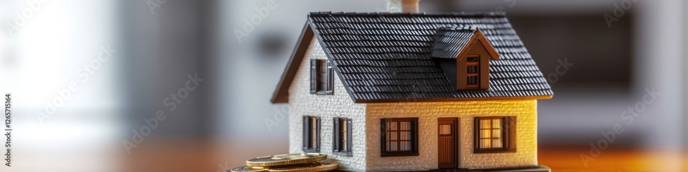 A miniature model of a house on a table, suitable for decorative purposes or as a prop in a scene A miniature model of a house on a table, suitable for decorative purposes or as a prop in a scene