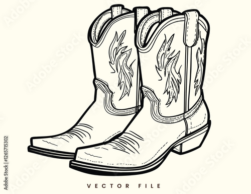 Vintage Cowboy Boot Line Art Illustration
