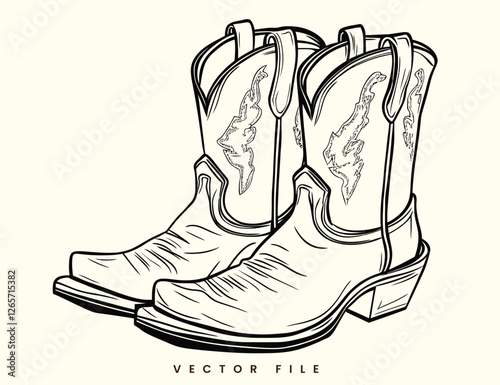 Vintage Cowboy Boot Line Art Illustration
