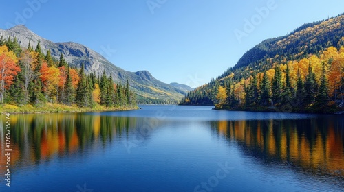 Autumn lake reflected in mountains photo