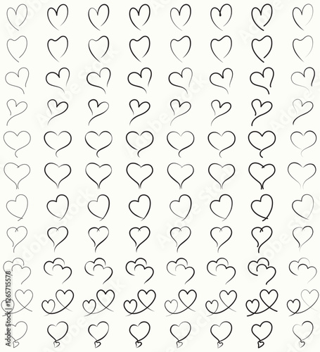 Heart vector. Set Of Hand drawn ink Hearts with different shapes Isolated On White background. Collection of different black love romance and wedding symbols icon design 