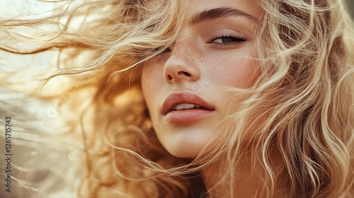 Close-up portrait of a young woman with windblown blonde hair and freckles.