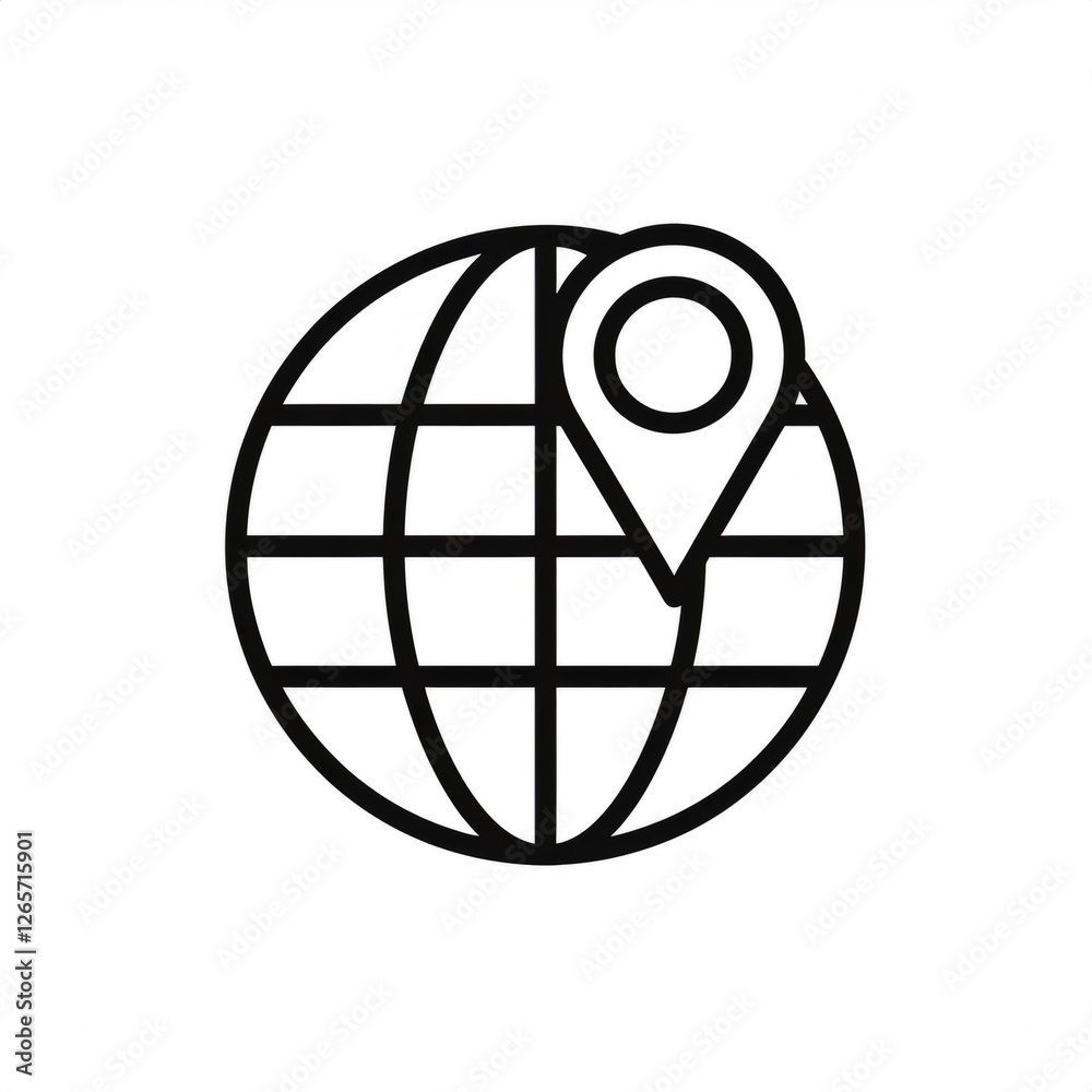 Minimalist line art icon of a location pin on a globe, representing global positioning and worldwide reach Minimalist line art icon of a location pin on a globe, representing global positioning and worldwide reach