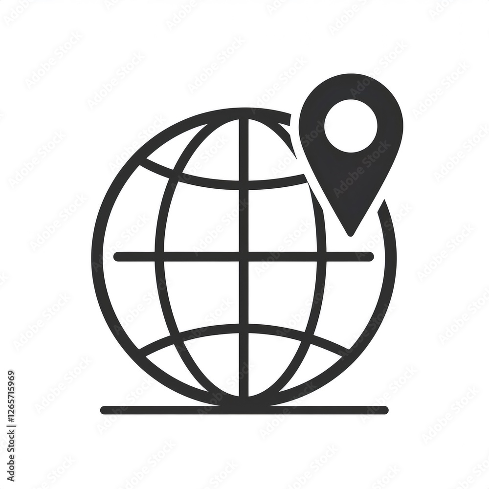 Minimalist  icon of location pin dropping on planet earth globe showing global positioning system tracking