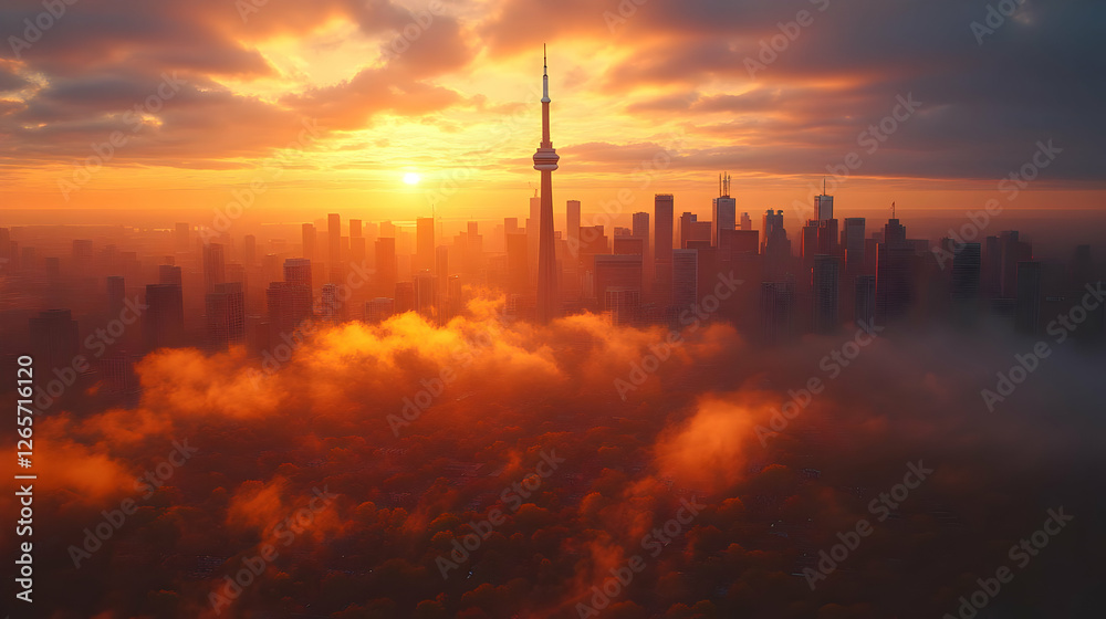 Aerial View of City Skyline at Sunset with Orange Clouds Aerial View of City Skyline at Sunset with Orange Clouds