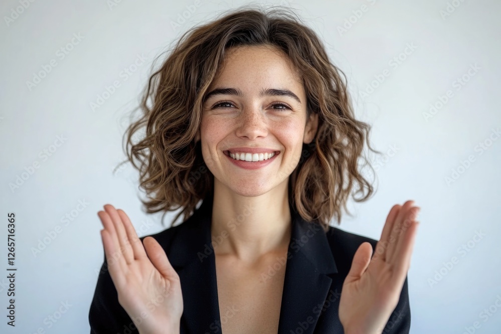 A happy woman celebrates with raised hands, ideal for use in party or celebration scenes A happy woman celebrates with raised hands, ideal for use in party or celebration scenes