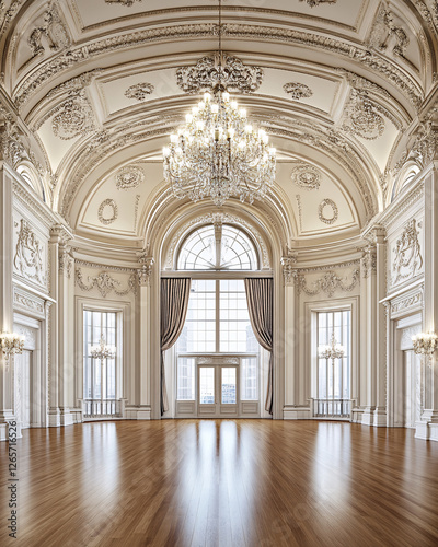 Ornate ballroom with high ceilings  decorative plasterwork  large windows  hardwood floor  and a grand chandelier.