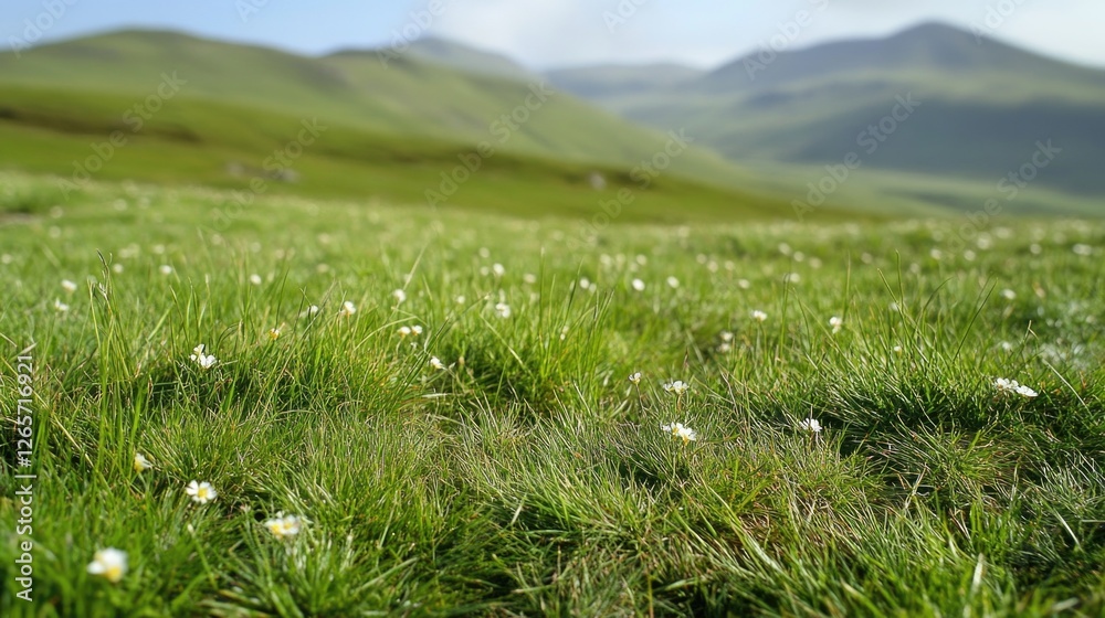 A serene scene featuring a lush meadow with blooming flowers and a mountain range in the distance, perfect for use in nature or travel-themed projects A serene scene featuring a lush meadow with blooming flowers and a mountain range in the distance, perfect for use in nature or travel-themed projects